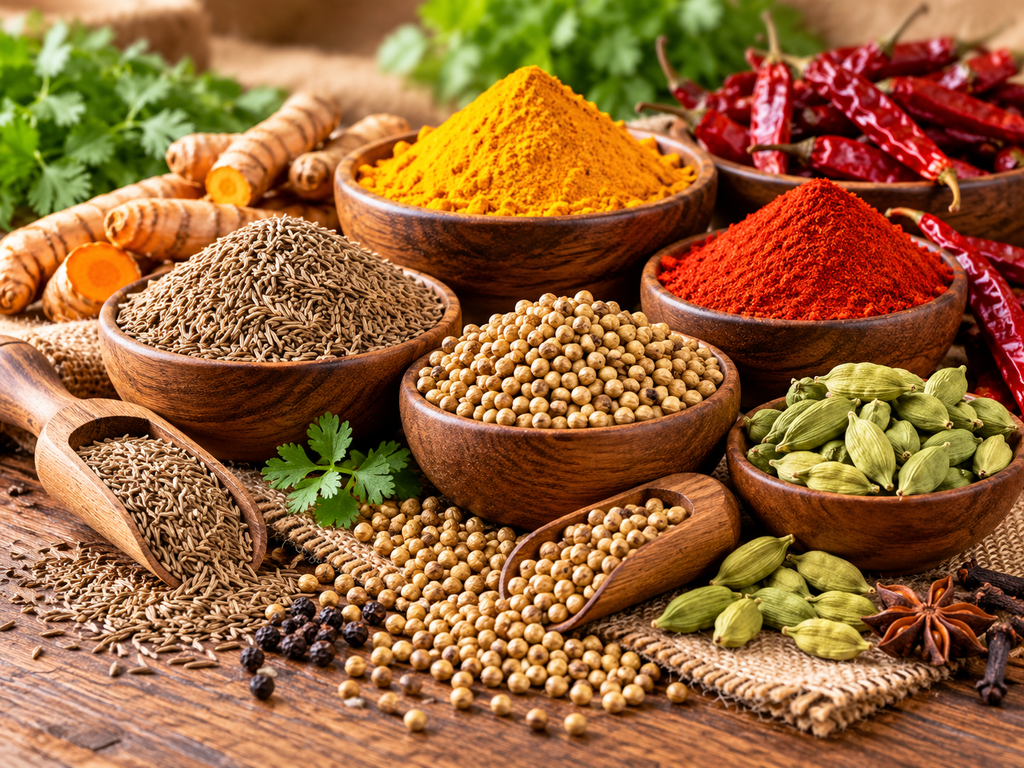 Whole and ground Indian spices