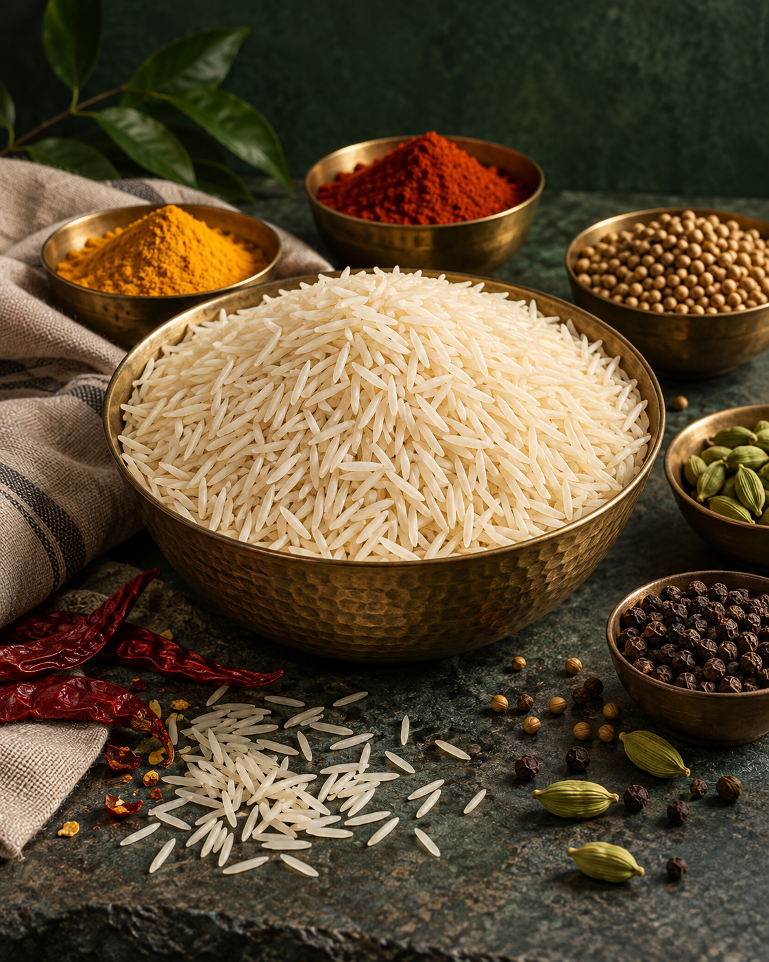 Indian basmati rice with turmeric, chilli, coriander, cardamom and pepper